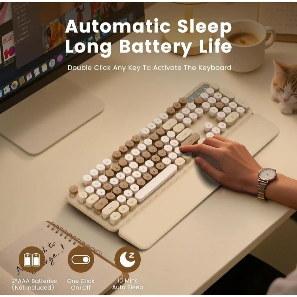 Wireless Keyboard Latte Round Keycaps, Retro Typewriter Detachable Wrist Rest